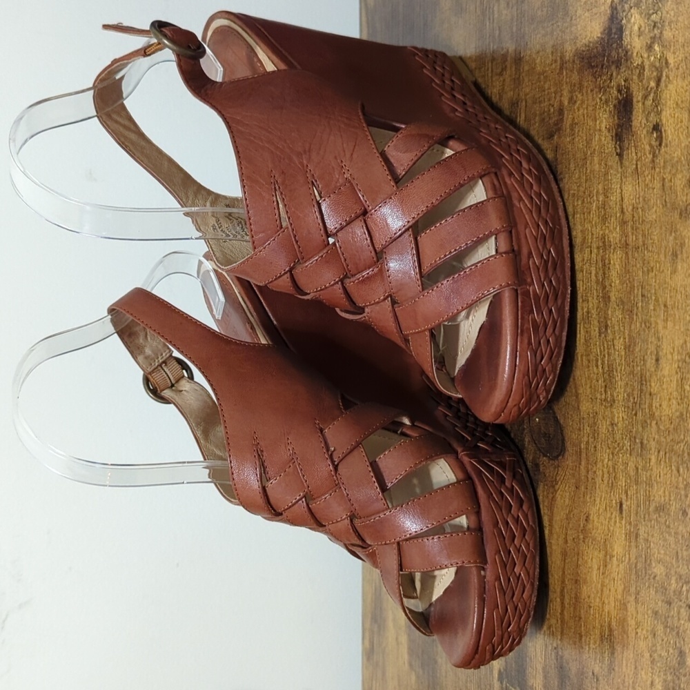 Frye corrina strappy braided wedge brown leather sandal women's size 8.5